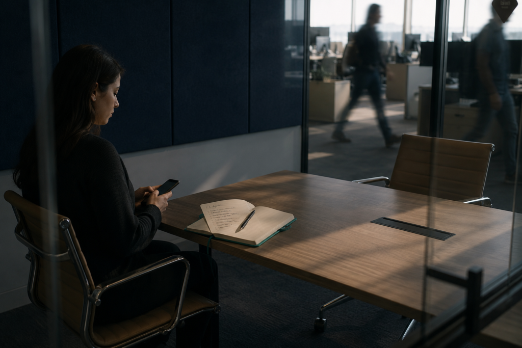 Employee waiting alone at a meeting table with an open agenda notebook and the manager's chair empty.
