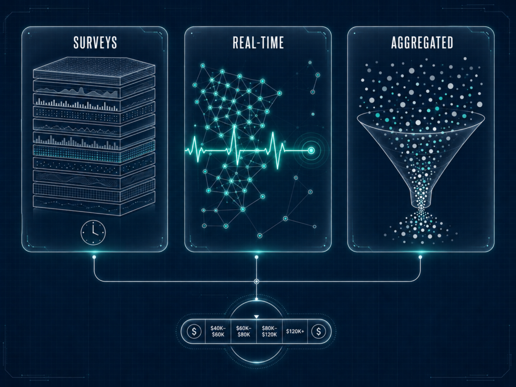 Three-panel diagram comparing compensation benchmarking tools by data model: surveys, real-time HRIS data, and aggregated sources.