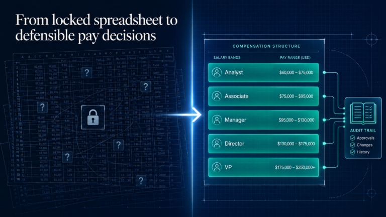 Split diagram contrasting a locked spreadsheet with compensation management software showing visible, auditable salary bands.
