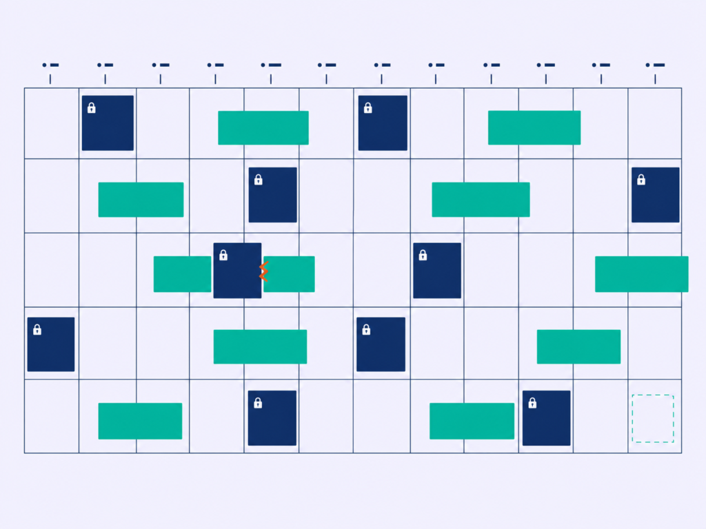 Calendar grid where locked compliance blocks push teal development blocks off the schedule edge