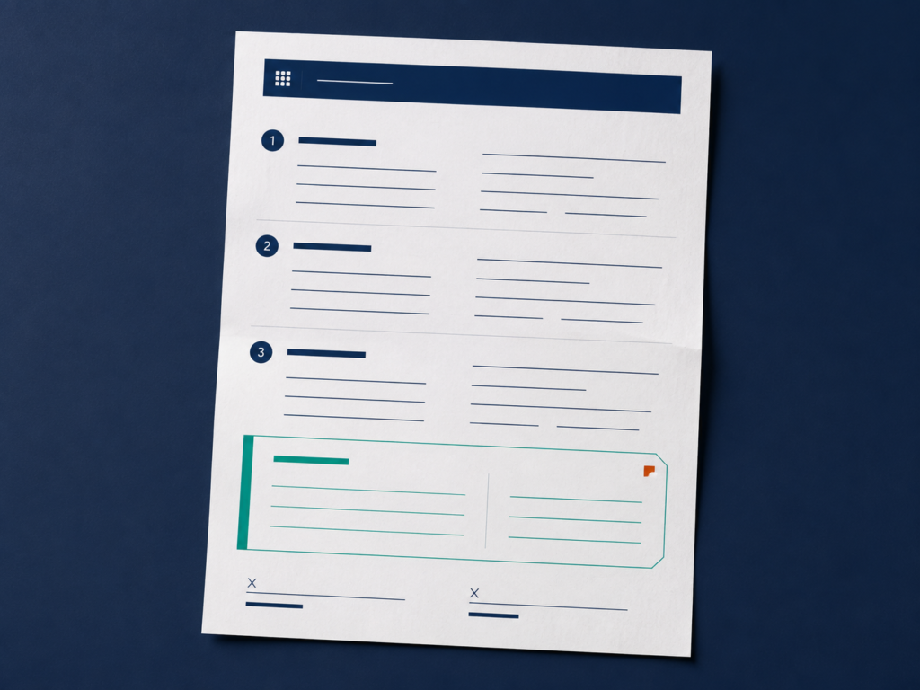One-page employee development plan template on a navy desk, showing three target fields and two signature lines.
