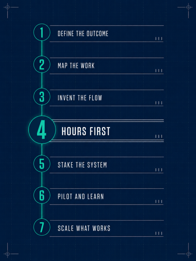 Vertical seven-step sequence on a single spine with step four, allocating hours, drawn as the emphasis point.