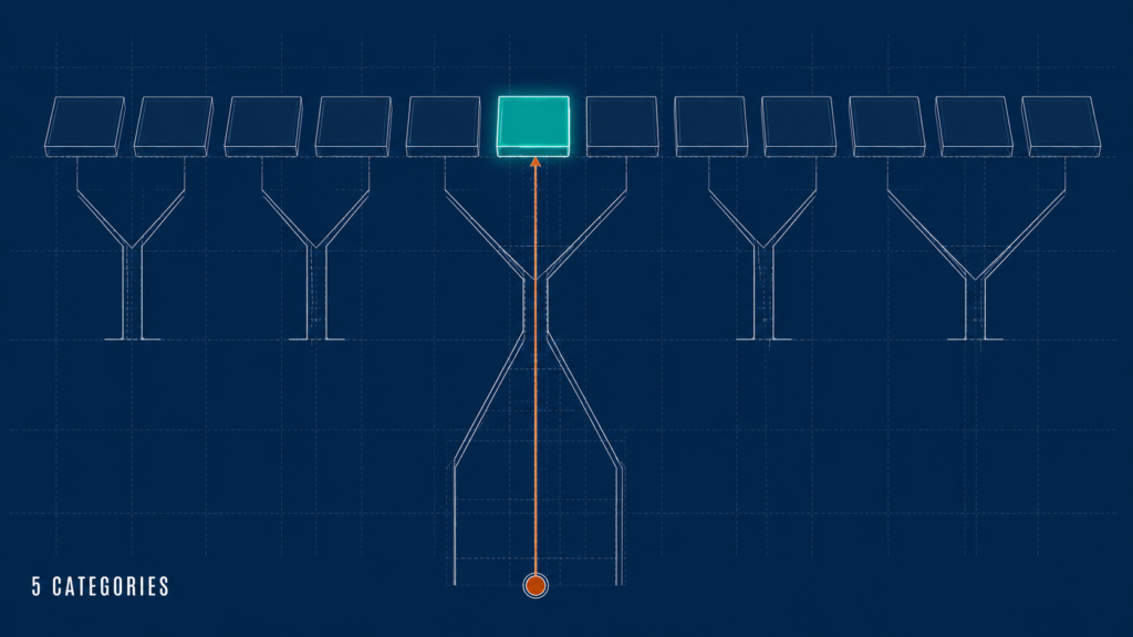 Diagram showing twelve employee development software platforms routed into five categories, with one lit as the match.