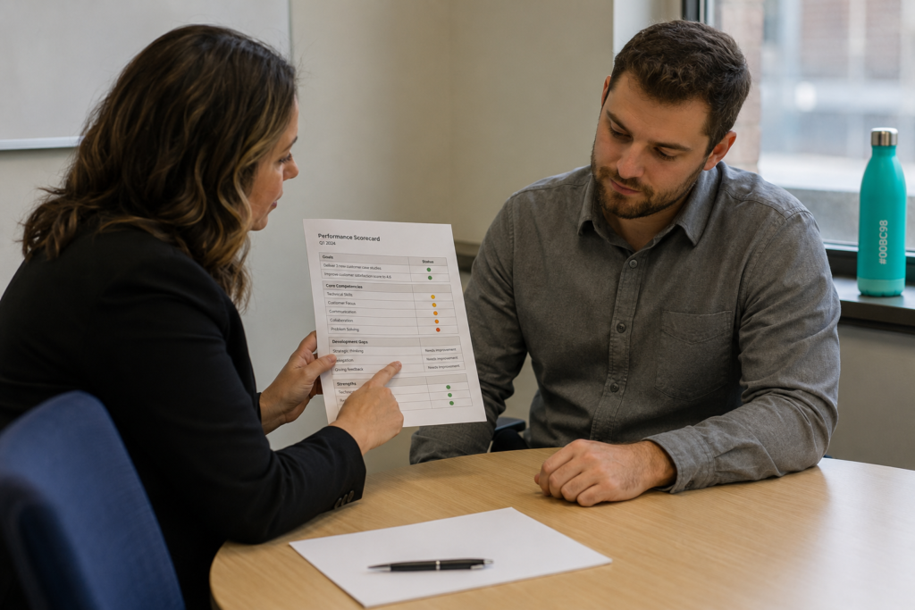 An HR partner pointing to one line of a panel scorecard while an unsuccessful internal candidate reads it.