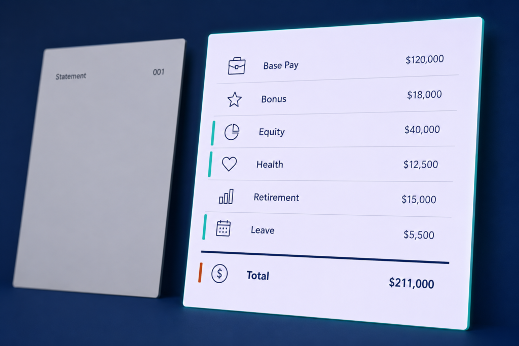 Two document panels comparing a bare salary figure with a fully itemised total compensation statement