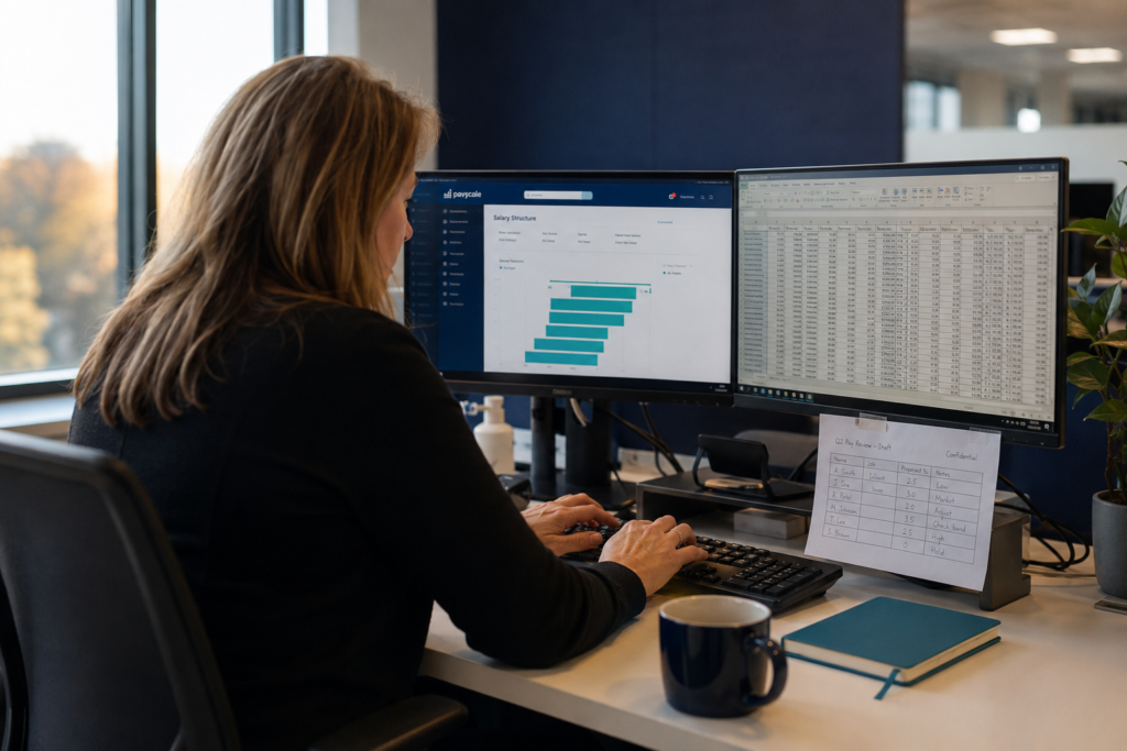 Manager working in an old spreadsheet on one monitor while a new compensation platform sits unused on the other.