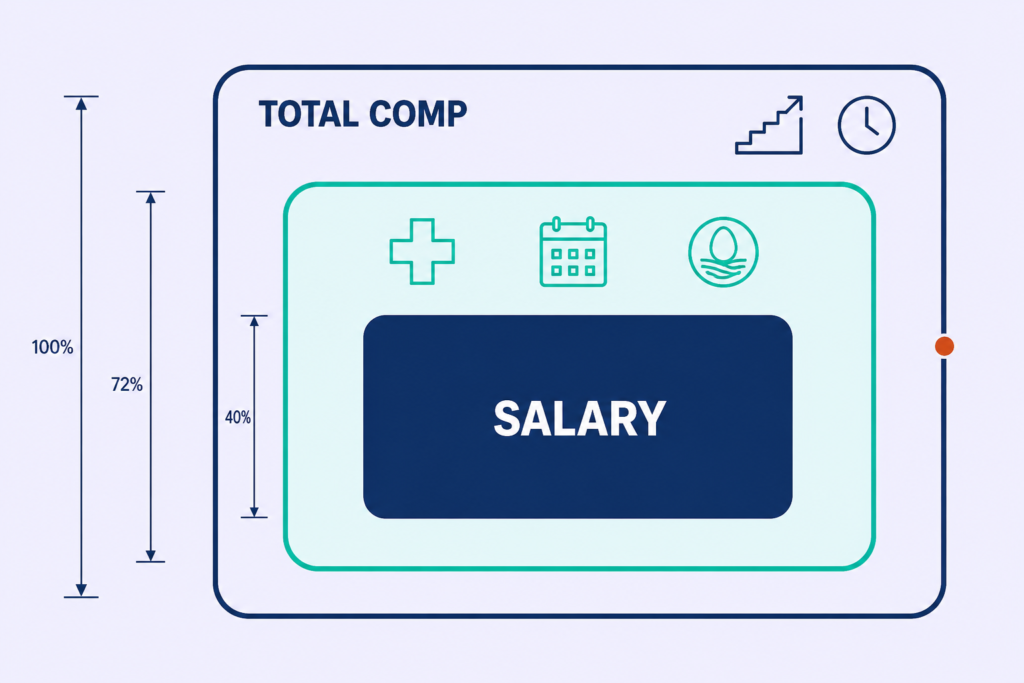Nested diagram showing salary inside benefits inside total compensation, each labelled with icons.