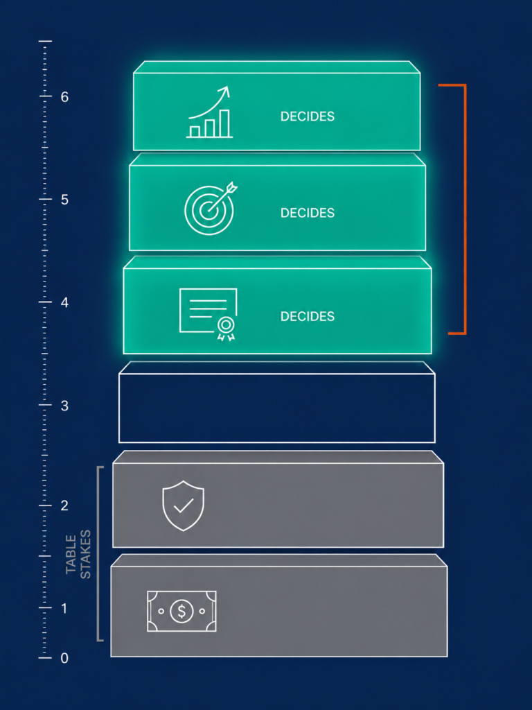 Vertical stack ranking six compensation components, with equity, variable pay and development highlighted as decisive.