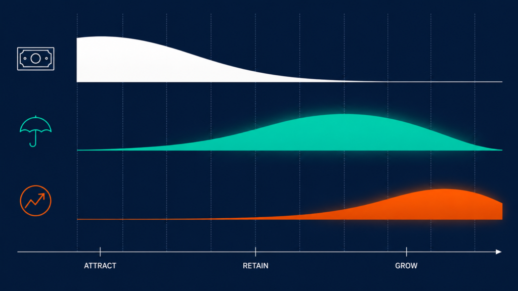 Three-lane chart showing direct pay peaking at attraction, benefits at retention, and non-financial rewards later.