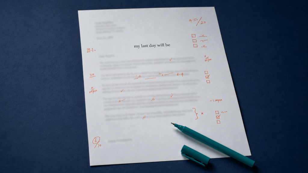 Resignation letter annotated in the margins with appraisal-style check marks, framing exits as a people management skills signal.