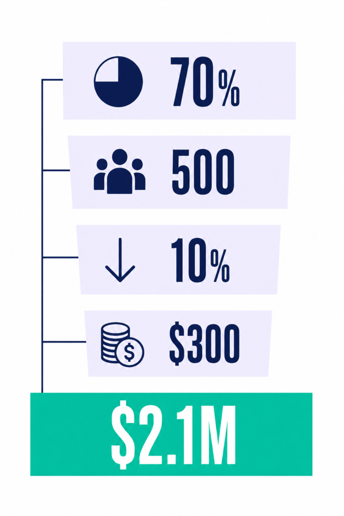 Four-step worksheet converting a 70% disengaged rate across 500 employees into a $2.1M annual cost figure