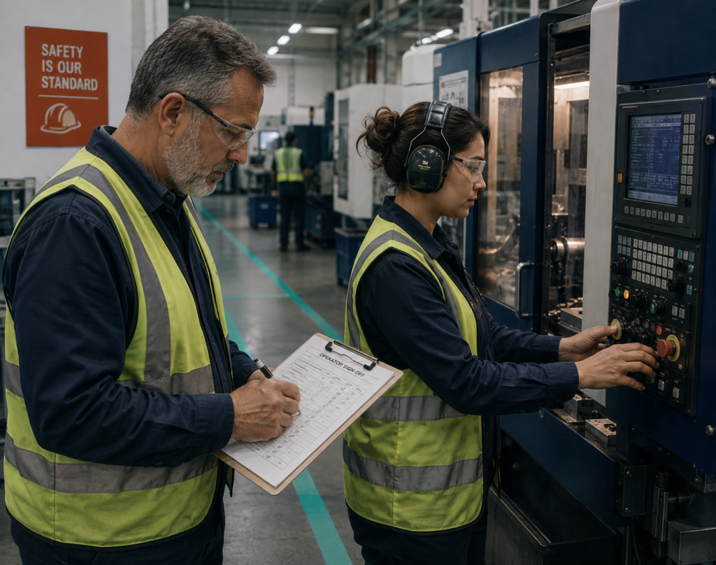 A shift supervisor signing a competency sheet while a new starter operates machinery beside him