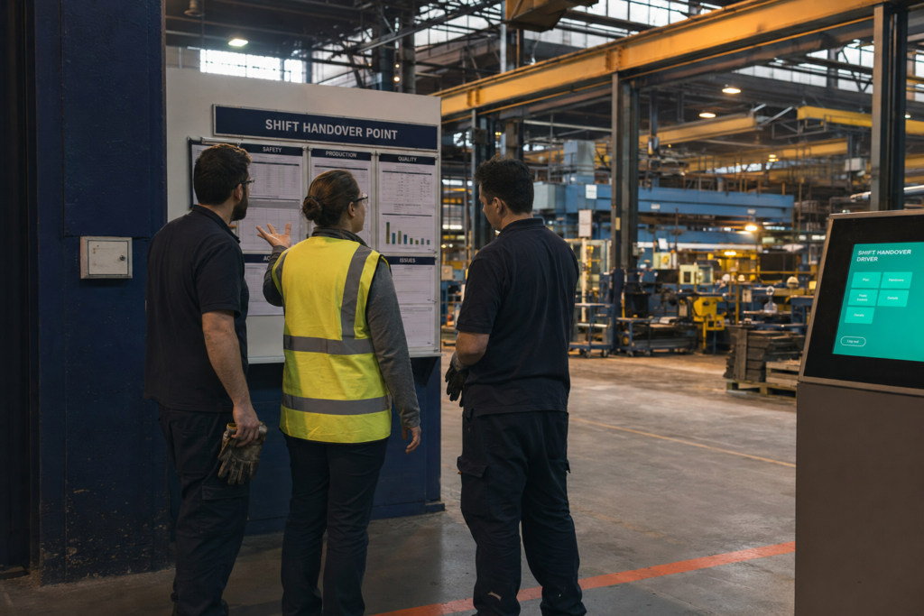 Shift supervisor running a short check-in with two operators at a handover point on a manufacturing floor
