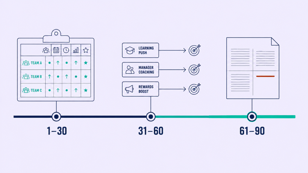 Timeline with three phases producing a three-team shortlist, three interventions, and a board page with one decision.