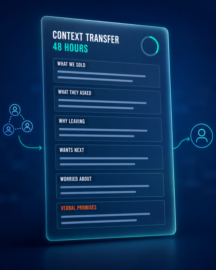 Document card with six labelled handover fields passing from recruiter to hiring manager within 48 hours.