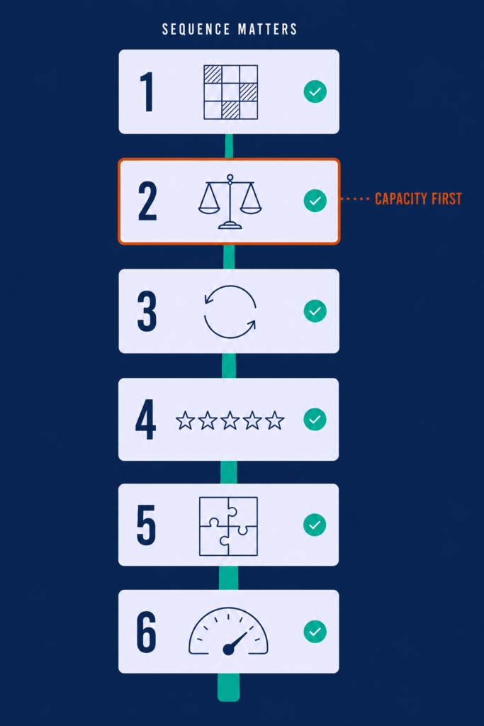 Vertical six-step engagement model with numbered stages, icons, and completion markers, flagging capacity first.