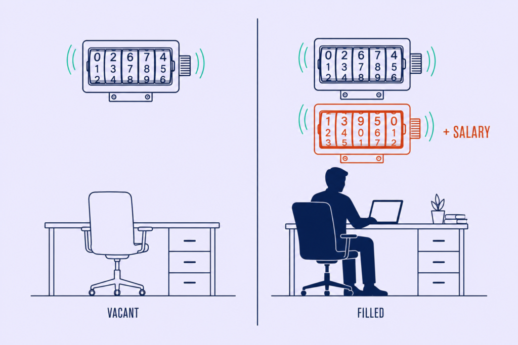 Two desks compared: an empty chair with one cost counter, a filled desk with two counters running.