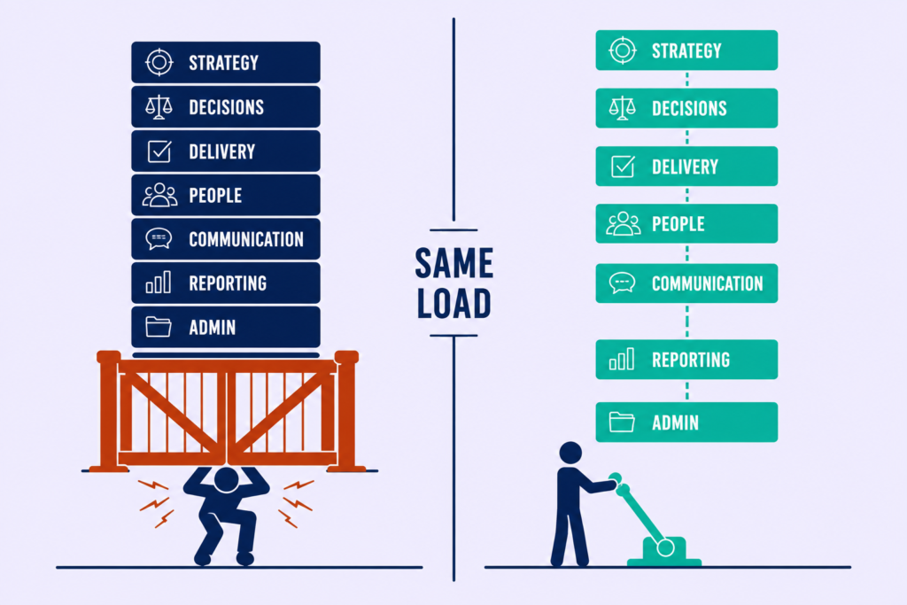 Two panels with identical stacks of work: one crushing a figure behind a locked gate, one arranged by a figure at a lever.