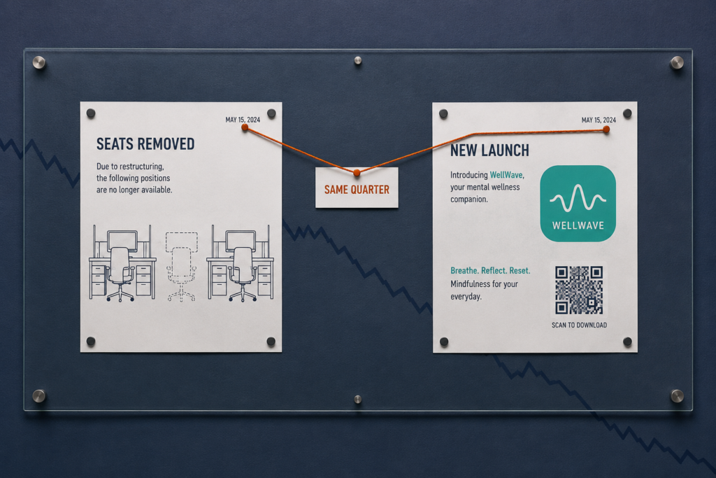 Noticeboard pinning a hiring freeze notice and a wellness app launch to the same date, linked by a red cord.