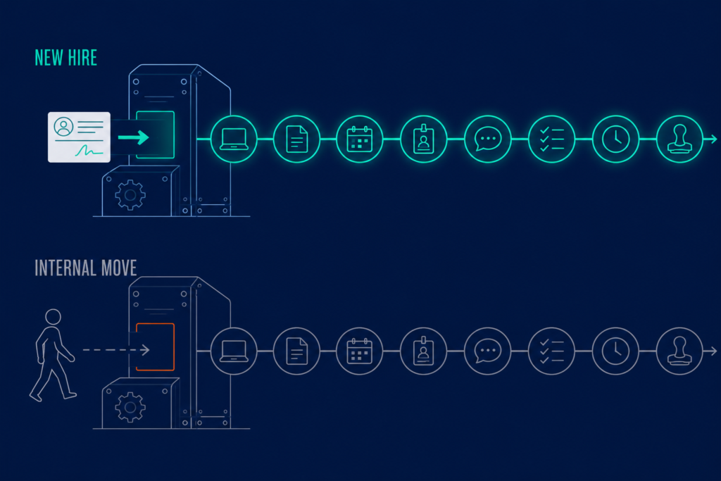Identical process chains: lit for a new hire record, dark for an internal move that creates no record.
