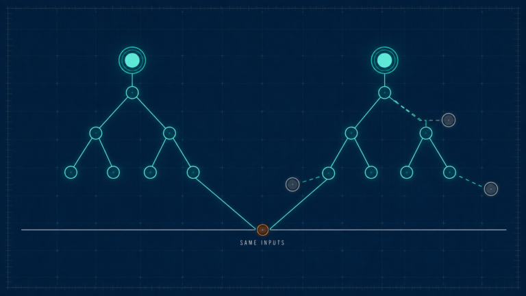 Diagram showing manager variance in people management: two identical team structures diverging in outcome.