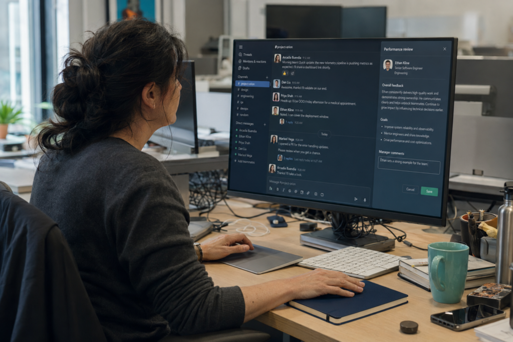 Manager completing a performance review inside a Teams chat sidebar without opening a separate application.