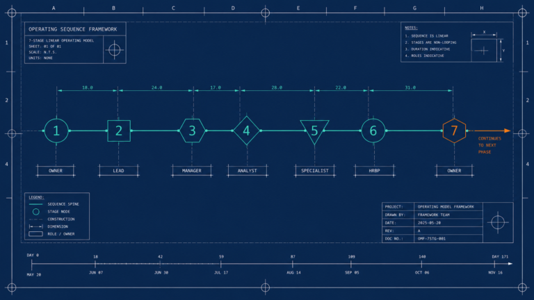Linear seven-node blueprint of the performance management process, with owner roles and dates under each stage.