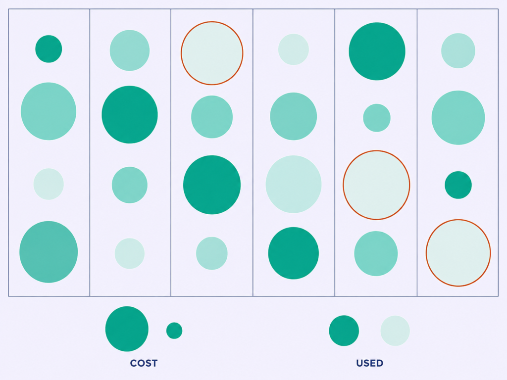 Grid of 24 benefit chips across six categories, sized by employer cost and shaded by how often each is used.