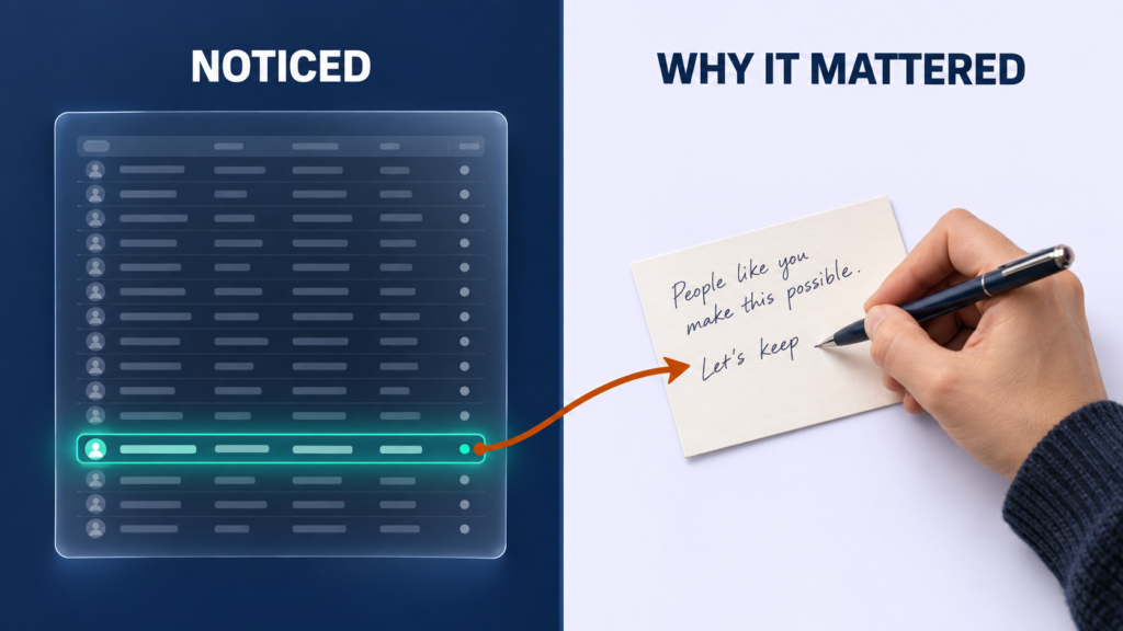 Split image: a dashboard highlighting one overlooked employee record, and a hand writing the reason on a card.