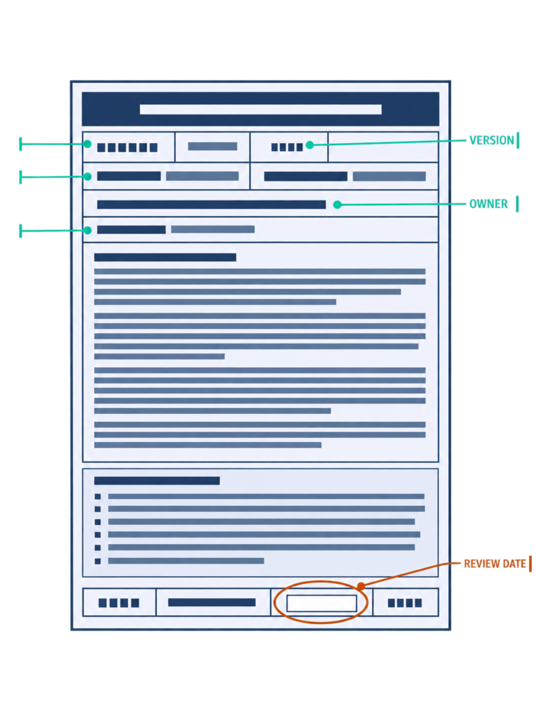 Annotated policy document showing version, owner and scope fields filled, with the review date box empty and flagged.