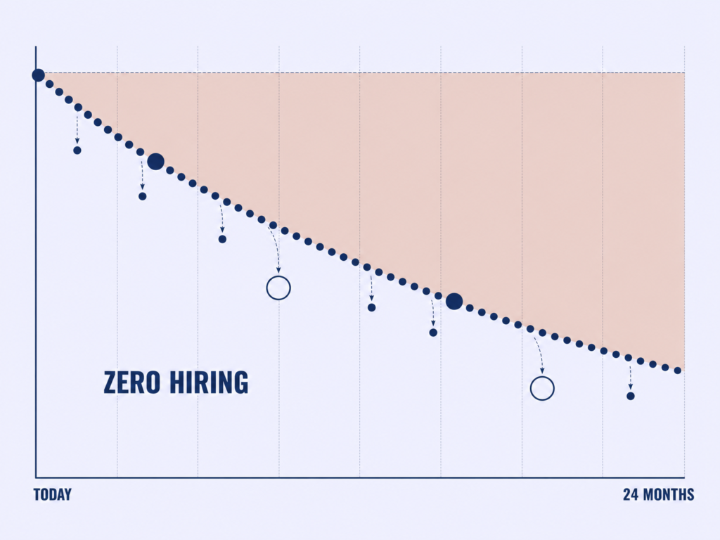 Descending supply curve over 24 months with capability tokens of unequal size falling away, larger ones shaded as heavier loss.