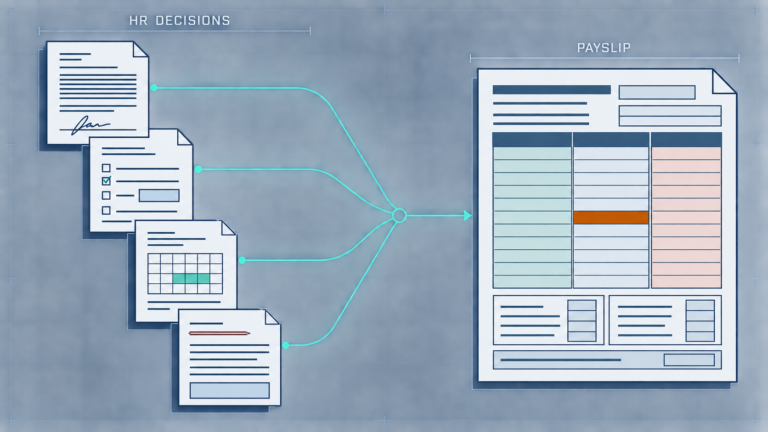 Diagram showing offer, promotion, leave and termination documents feeding into one payroll payslip row.