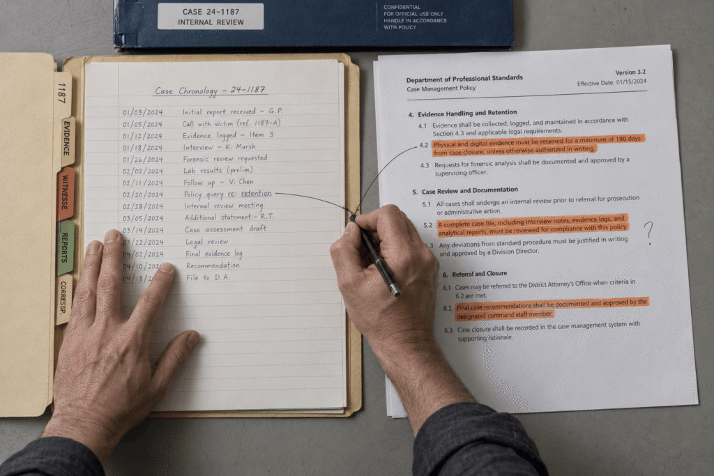 Hands cross-referencing a dated policy printout with highlighted clauses against a case-file timeline.