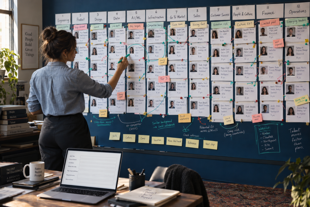 Recruiter drawing a connection on a wall of twelve competitor talent clusters while a blank job description sits unopened.