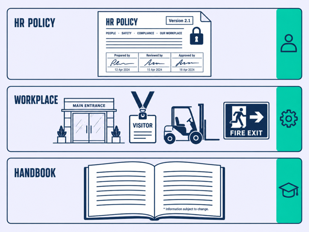 Three-layer diagram separating the governed policy set, workplace policies for premises, and the employee handbook.