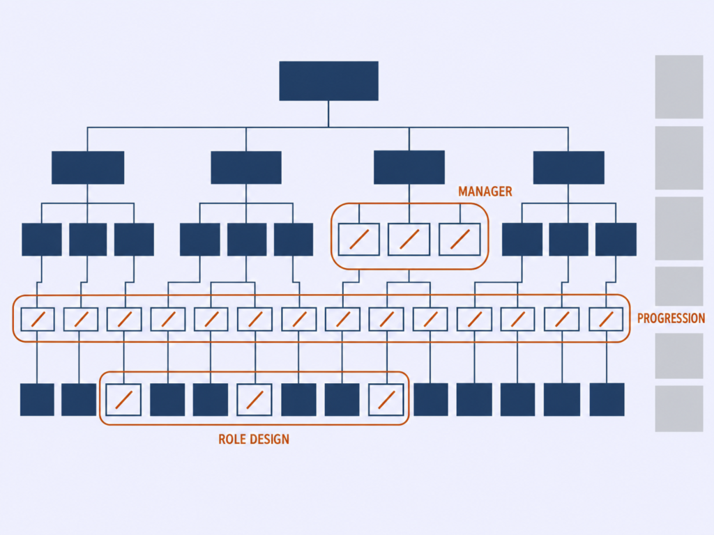 Org chart with departures clustered under one manager, in one role type, and across a compressed layer, each ring labelled.