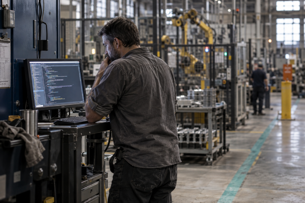 Shop-floor engineer in work shirt reading code at a standing terminal on an active manufacturing line, absorbed mid-task.