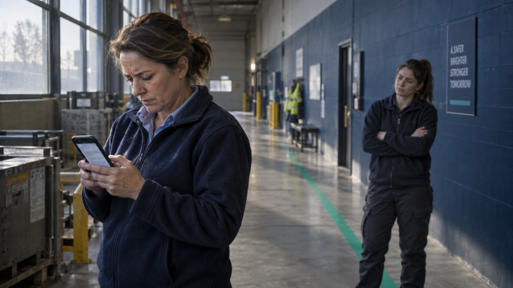 Shift supervisor scrolling HR policies on her phone in a plant corridor while an employee waits for an answer.