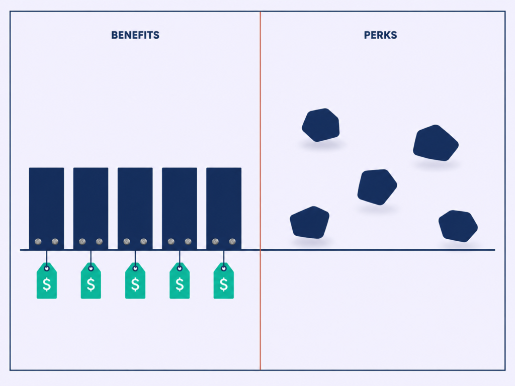 Diagram contrasting bolted-down benefits carrying price tags with unanchored perks that carry none.