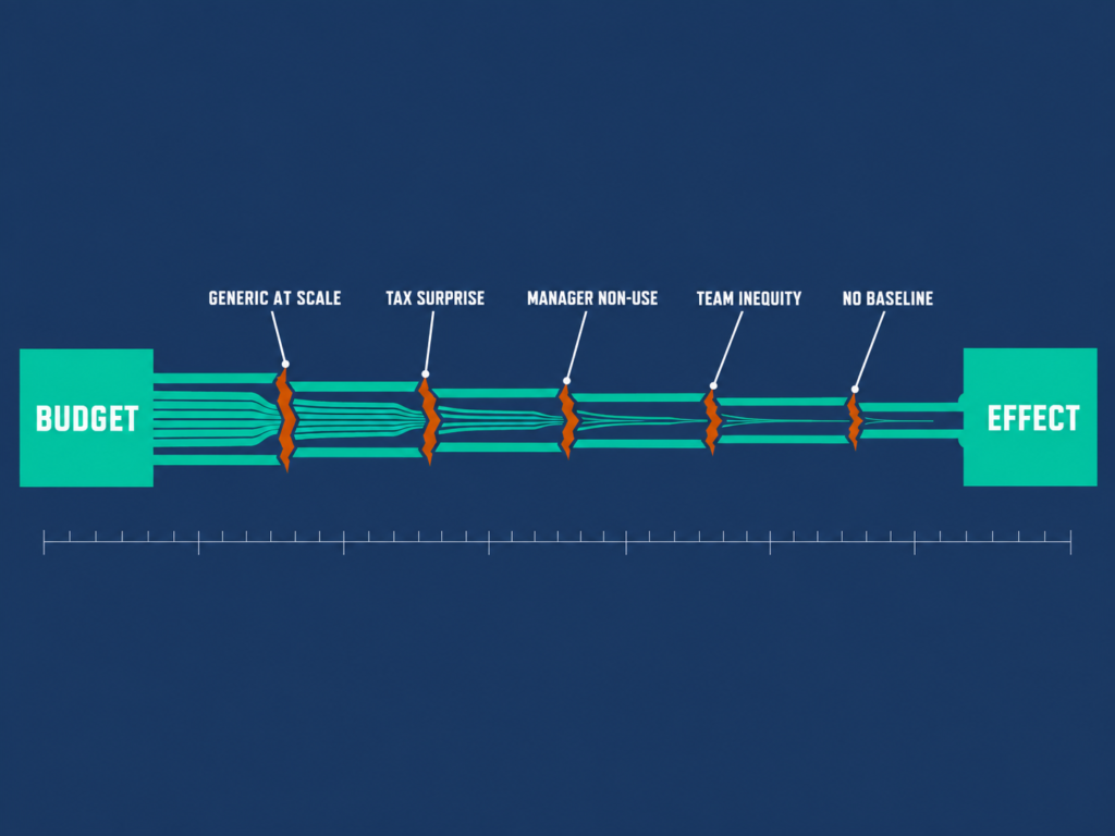 Pipeline diagram breaking at five labelled failure points between budget and effect, from generic gifts to no baseline.