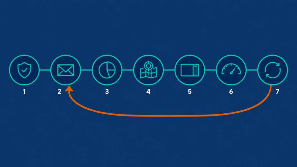 Seven-node process diagram with distinct icons for each step and a loop returning from review to budget.