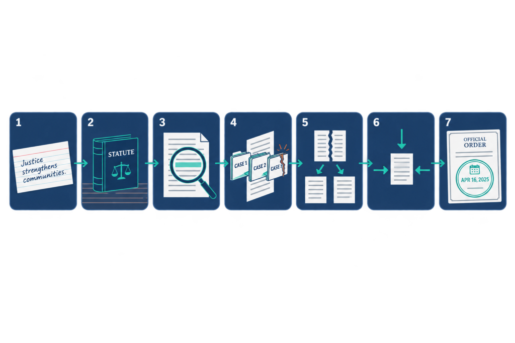 Seven-stage diagram showing each step of creating an HR policy, from naming the decision to dating the review.