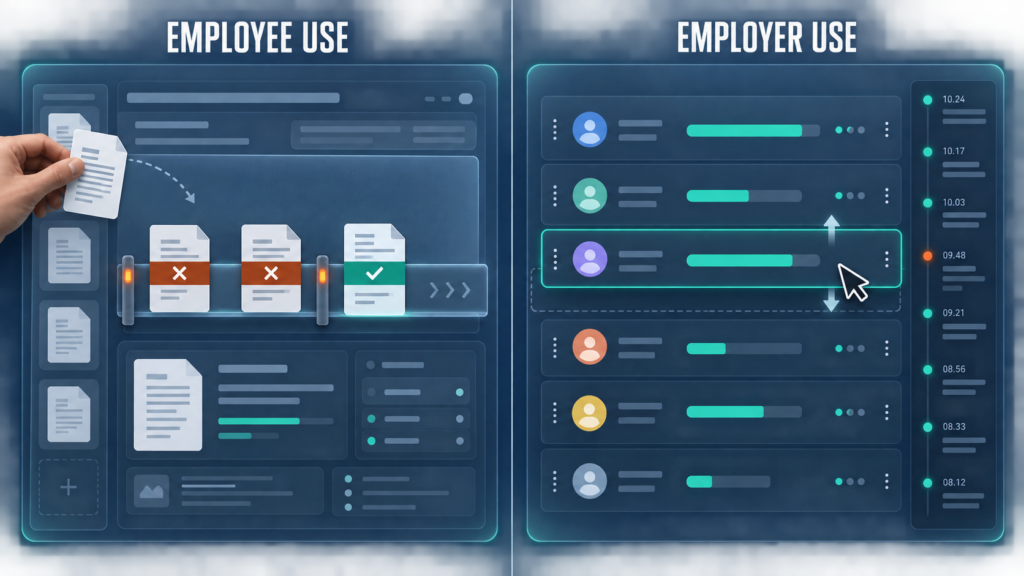 Split interface showing a data-classification gate on one side and a human reviewer overriding an AI candidate ranking on the other.