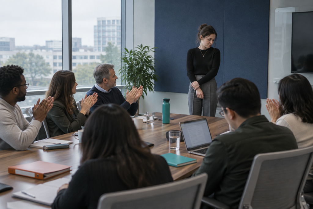 Employee standing apart looking uncomfortable as colleagues applaud, while two contributors at the table stay silent.