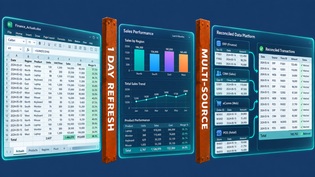 Spreadsheet, BI dashboard, and multi-source platform separated by two rust gates marking the exit conditions.