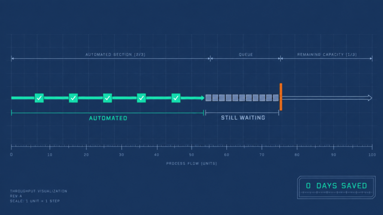 Workflow diagram showing HR requests flowing through automated steps then piling up at one unautomated approval gate.