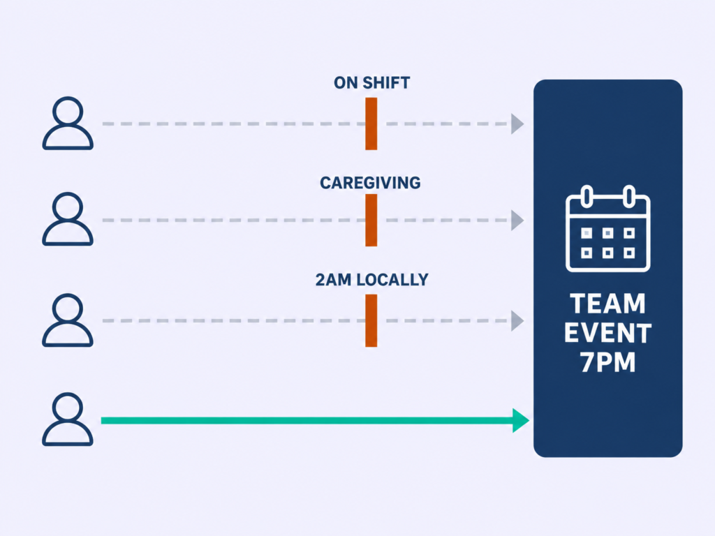 Diagram showing three of four employees blocked from an evening team event by shift work, caregiving, and timezone.