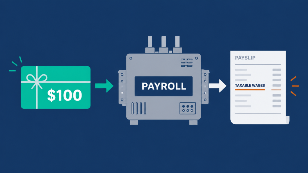 Diagram of a $100 gift card passing through payroll and emerging as a taxable wages line on a payslip.