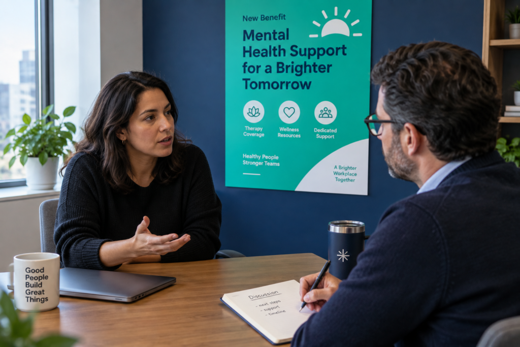 Employee explaining her resignation to a listening manager beneath a freshly printed benefit announcement poster.