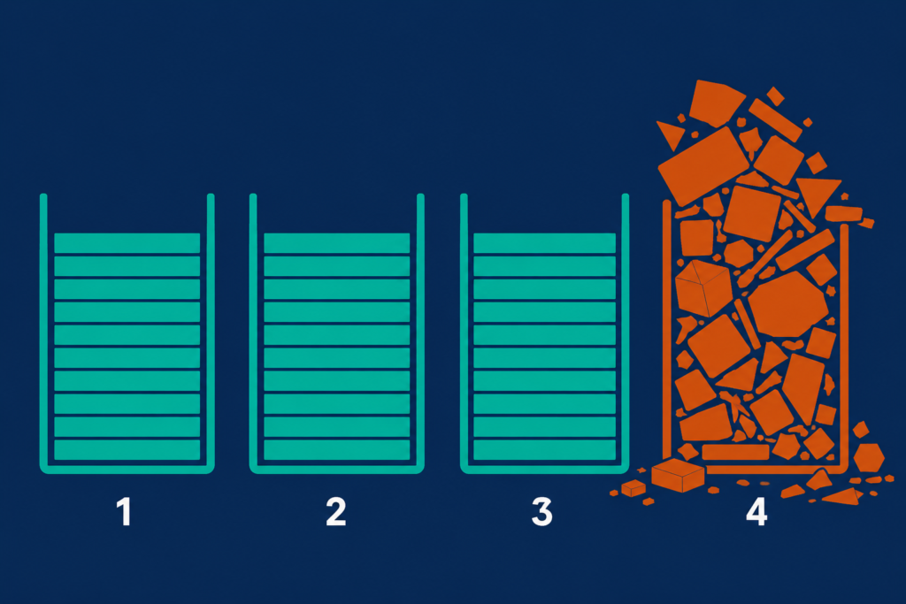 Four containers where three hold neatly stacked items and the fourth overflows with mismatched contents.